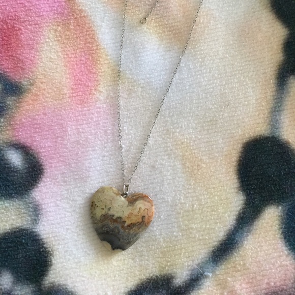 Picture Agate Gem Heart Silver Chain Necklace - Picture 4 of 6